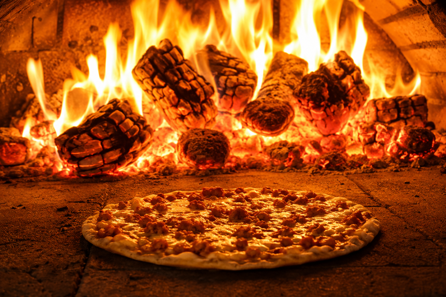 Pizza assando em forno a lenha da Pizzaria Jardins